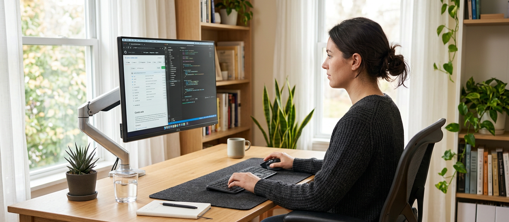 A tidy ergonomic home office workspace with a monitor at eye level and a comfortable chair